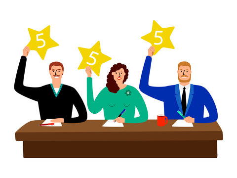 Quiz jury. Competition judge group sitting at table and show opinion scorecards vector illustration. Competition jury with stars rating