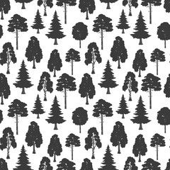 Scandinavian style vector forest seamless pattern. Illustration of silhouette black tree background