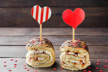 Puff pastry with cream. Concept Valentine's Day. Copy space.