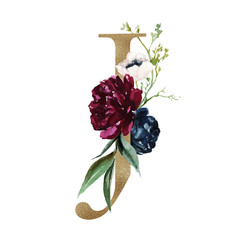 Floral Alphabet - letter J with flowers bouquet composition and delicate gold texture. Unique collection for wedding invites decoration and many other concept ideas.