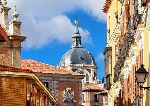 historic Madrid street view with church