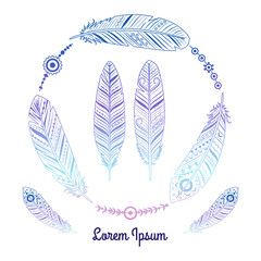 Ethnic feathers isolated on white background. Hand drawn feathers vector set. Illustration of feather sketch drawn stylized drawing