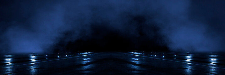 Background wall with neon lines and rays. Background of an empty dark corridor, parking, airport with neon light. Abstract background with lines and glow. Wet asphalt, the reflection of neon lights in