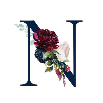 Floral Alphabet - navy letter N with flowers bouquet composition. Unique collection for wedding invites decoration and many other concept ideas.
