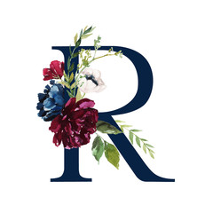 Floral Alphabet - navy letter R with flowers bouquet composition. Unique collection for wedding invites decoration and many other concept ideas.