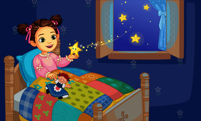 Obraz na płótnie Canvas cute little girl in bed with twinkle star