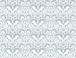 Floral pattern. Vintage wallpaper in the Baroque style. Seamless vector background. White and blue ornament for fabric, wallpaper, packaging. Ornate Damask flower ornament