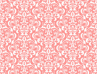 Wallpaper in the style of Baroque. Seamless vector background. White and pink floral ornament. Graphic pattern for fabric, wallpaper, packaging. Ornate Damask flower ornament