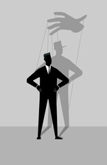 Business vector concept of manipulation, exploitation, domination, control and power over worker, employee. Businessman with puppet as shadow. 
