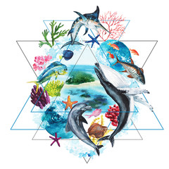 Watercolor marine geometric collage - hand-drawn marine illustrations - dolphin, whale, tuna, mahi-mahi, marlin, stingray, mahi-mahi fish, goldfish, starfish, seaweed on caribbean tropical background.