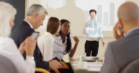 4K Fed up businessman throwing papers, bored colleagues ignoring his presentation. Slow motion.