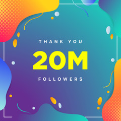 20M or 20000000, followers thank you colorful geometric background number. abstract for Social Network friends, followers, Web user Thank you celebrate of subscribers or followers and like