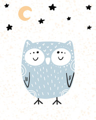 Cute hand drawn nursery poster with cartoon character animal sleeping owl and stars with moon in scandinavian style. Color vector illustration. - 245125233