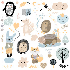 Scandinavian kids doodles elements pattern set of cute color wild animal and characters: penguin, hedgehog, fox, hare, rabbit, flower, mushroom, tree, stump, heart hand drawn. - 245125624