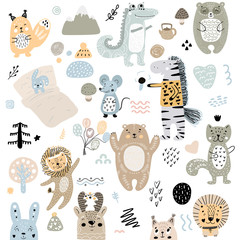 Scandinavian kids doodles elements pattern set of cute color wild animal and characters: zebra, bear, deer, squirrel, cat, rabbit, hare, crocodile, mouse, tree, mountains, lion. - 245125667