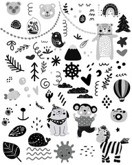Scandinavian kids doodles elements pattern black and white monochrome set, wild hand drawn animals bear, cat, monkey, dog, house, zebra, sun, face, whale, stars, moon. Cute for kids. - 245125692