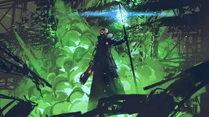 Tuinposter sci-fi karakter in zwarte mantel met lichte speer staande tegen groene explosie, digitale kunststijl, illustratie schilderij © grandfailure
