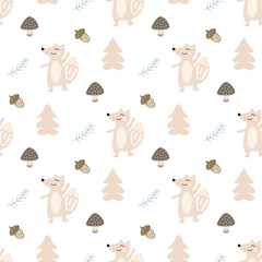 Cartoon cute doodle seamless pattern illustration with cute fox and peanut and mushrooms. Endless texture with graphic background. Scandinavian style for nursery, wallpaper, fabric, postcard. - 245126035