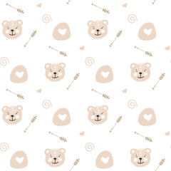 Cartoon cute doodle seamless pattern illustration with cute fluffy bear. Endless texture with graphic background. Scandinavian illustration for nursery decor, wallpaper, fabric, postcard. - 245126060