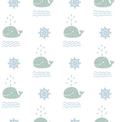 Seamless Scandinavian ocean sea nursery hand drawn blue pattern with waves and animal wale sea. childish texture for fabric. - 245126076