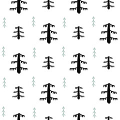 Black and white seamless Christmas pattern - varied Xmas trees, stars and snowflakes. Happy New Year background. Vector design for winter holidays. Child drawing style trees - 245126223