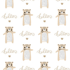 Cartoon cute doodle seamless pattern illustration with cute fluffy bear lettering hello. Scandinavian illustration for nursery decor, wallpaper, wrap, fabric, postcard. Wild animal for kids. - 245126244