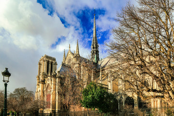 Fototapeta na wymiar Notre-Dame de Paris or Cathedral of Our Lady of Paris. French Gothic architecture on island Cite on bank of Seine rver in winter. France.