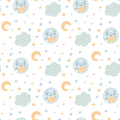 Cute hand drawn nursery seamless pattern in scandinavian style with hand drawn characters moon and stars. Colored yellow and blue vector illustration. - 245126284