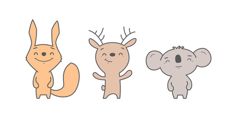 Kawaii illustration of squirrel, deer and koala on white background