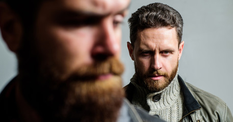 Trustful relations. Feel support of real friend. Man bearded guy stand behind back of friend...