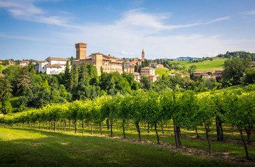 Levizzano Rangone with some wineyards on the foreground during springtiime. Castelvetro Rangone, Modena, Emilia Romagna, Italy - 245126887