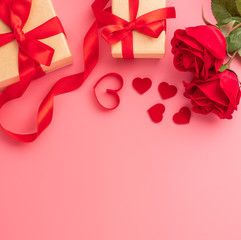 Giving present and celebration concept at Valentine's day, anniversary, mother's day and birthday surprise on pink background, copyspace, topview