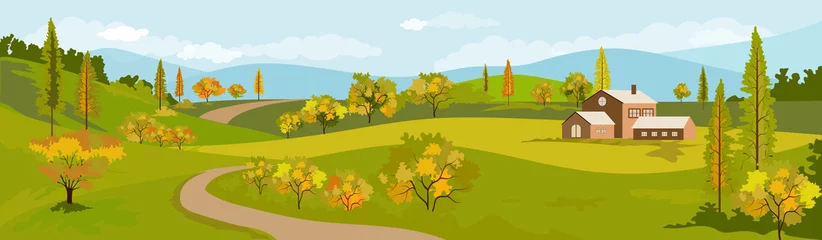 Keuken spatwand met foto Panorama view of spring village with green meadow and sunflowers on hills with blue sky, Vector Summer or Autumnn landscape, Panoramic countryside landscape mountains and farmhouse with yellowe flower © Anchalee