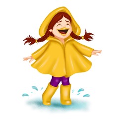 Spring clip art cartoon girl with braids in raincoat dancing and laughing. For spring greeting card, seasonal promo banner, nursery design, fashion print, baby club or children event poster Isolated
