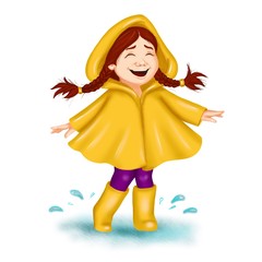 Spring clip art cartoon girl with braids in raincoat dancing and laughing. For spring greeting card, seasonal promo banner, nursery design, fashion print, baby club or children event poster Isolated