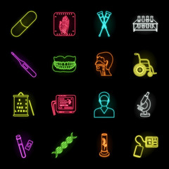 Medicine and treatment neon icons in set collection for design. Medicine and equipment vector symbol stock web illustration.