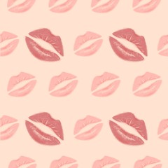 Lipstick imprint seamless pattern, lips in kiss for Valentines Day goods design, love confession, wedding invitation, paper print, fashion textile, shop for adults. Kiss pattern for romantic products