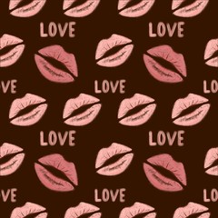 Lipstick imprint seamless pattern, lips in kiss for Valentines Day goods design, love confession, wedding invitation, paper print, fashion textile, shop for adults. Kiss pattern for romantic products