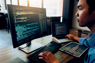 Programmer working in a software development and coding technologies. Website design.Technology...