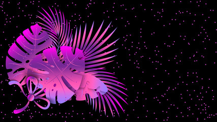 Spring, summer banner with tropical leaves on futuristic background. Exotic design for seasonal sales, party invitations, poster, banner, greeting card. Vector illustration. © Надежда Романовская