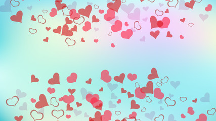 Red on Gradient background Vector. Part of the design of wallpaper, textiles, packaging, printing, holiday invitation for wedding. Red hearts of confetti crumbled. Light background.