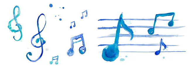 Fotobehang Treble key, treble clef illustration watercolor blue note, range, music © Meo