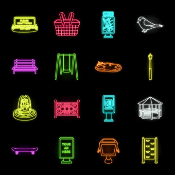 Park, equipment neon icons in set collection for design. Walking and rest vector symbol stock web illustration.