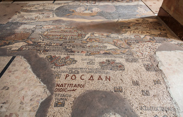 Ancient mosaic map of the Holy land on the floor of St. George's Church in Madaba, Jordan