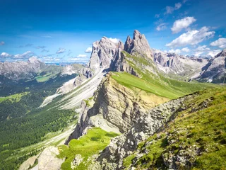 Selbstklebende Fototapeten Elevated view, from the top of Seceda mountain, of the Odle Mountains, Puez Odle Natural Park, Trentino Alto Adige, Italy © stefanotermanini