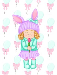 Spring clip art cartoon girl in hat with ears and curly hair like bunny or rabbit For spring greeting card, seasonal promo banner, nursery, fashion print, baby club or children event poster Isolated