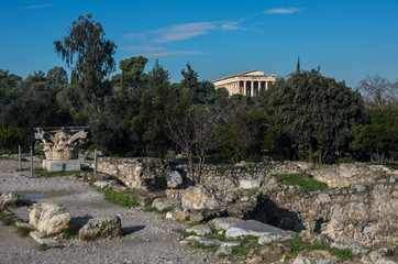 Ruins of Ancient Agora with Temple of Hephaestus at background. Athens, Greece