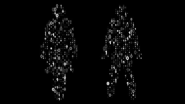 Man and woman shapes made from binary code.  Male and female figures with overlaid ones and zeroes.