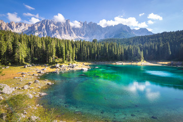 Carezza lake and Latemar mountain, Bolzano province, South Tyrol, Italy
