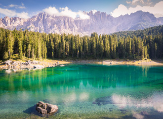 Carezza lake and Latemar mountain, Bolzano province, South Tyrol, Italy